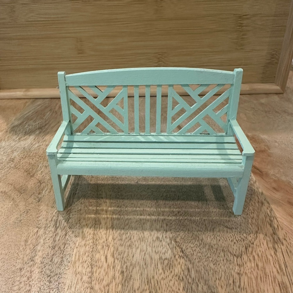 Miniature Wooden Garden Bench Dollhouse Furniture Mint Green Lattice Back 5 inch